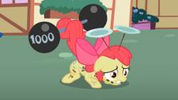 Size: 1280x720 | Tagged: safe, screencap, character:apple bloom, species:earth pony, species:pony, episode:the cutie pox, g4, my little pony: friendship is magic, barbell, crouching, cutie pox, female, filly, plate spinning, prehensile tail, solo, tail hold, weight lifting