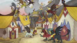 Size: 1920x1080 | Tagged: safe, screencap, species:griffon, episode:the lost treasure of griffonstone, g4, my little pony: friendship is magic, city, flying, griffonstone, history, history of griffonstone, majestic