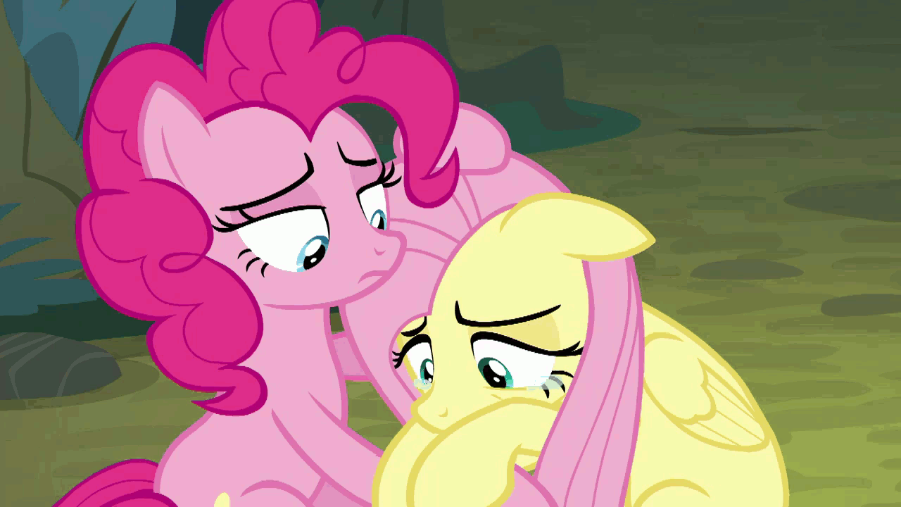 Size: 1280x720 | Tagged: safe, screencap, character:fluttershy, character:pinkie pie, species:earth pony, species:pegasus, species:pony, episode:the mean 6, g4, my little pony: friendship is magic, animated, comforting, crying, cute, petting, shivering