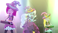 Size: 1920x1080 | Tagged: safe, screencap, character:fuchsia blush, character:lavender lace, character:trixie, equestria girls:rainbow rocks, g4, my little pony:equestria girls, clothing, female, hat, microphone, singing, song, stage, tricks up my sleeve, trio, trio female, trixie and the illusions, trixie's hat