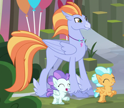 Size: 656x572 | Tagged: safe, screencap, character:sunspray, species:classical hippogriff, species:hippogriff, episode:surf and/or turf, g4, my little pony: friendship is magic, background hippogriff, balloon, cropped, cute, eyes closed, female, fledgeling, jewelry, male, necklace, raised hoof, rearing, smiling, spread wings, unnamed hippogriff, unshorn fetlocks, wings, young