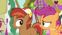 Size: 1920x1080 | Tagged: safe, screencap, character:button mash, character:liquid button, character:scootaloo, species:earth pony, species:pegasus, species:pony, episode:the break up break down, beanie, clothing, colt, discovery family logo, duo, female, filly, hat, male, propeller hat