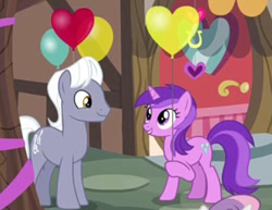 Size: 570x441 | Tagged: safe, screencap, character:amethyst star, character:royal riff, character:sparkler, species:earth pony, species:pony, species:unicorn, episode:hearts and hooves day, episode:the break up break down, g4, my little pony: friendship is magic, background pony, balloon, cropped, cute, cutie mark, duo, duo focus, eye contact, female, grin, heart, heart balloon, hoof hold, looking at each other, male, mare, ponies standing next to each other, royalstar, shipping fuel, smiling, stallion