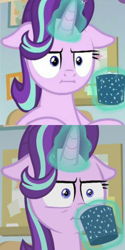 Size: 282x564 | Tagged: safe, screencap, character:starlight glimmer, species:pony, species:unicorn, episode:marks for effort, g4, my little pony: friendship is magic, :i, chocolate, empathy cocoa, floppy ears, food, glowing horn, hot chocolate, i mean i see, magic, reaction image, telekinesis, unamused