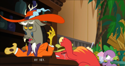 Size: 1366x729 | Tagged: safe, screencap, character:big mcintosh, character:discord, character:spike, species:draconequus, species:dragon, species:earth pony, species:pony, episode:the break up break down, bawling, clothing, crying, discovery family logo, fedora, hat, male, milkshake, oy vey, stallion, subtitles, zoot suit