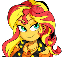 Size: 698x620 | Tagged: safe, artist:nekubi, character:sunset shimmer, my little pony:equestria girls, bedroom eyes, clothing, cropped, female, geode of empathy, jewelry, looking at you, magical geodes, necklace, simple background, smiling, smirk, solo, white background