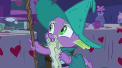 Size: 1920x1080 | Tagged: safe, screencap, character:discord, character:spike, species:draconequus, species:dragon, episode:hearts and hooves day, episode:the break up break down, g4, my little pony: friendship is magic, animated, archer, arrow, blushing, bow (weapon), captain wuzz, clothing, costume, duo, garbuncle, hat, looking at each other, magic staff, male, sound, table, webm, wizard, wizard hat
