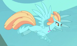 Size: 307x185 | Tagged: safe, screencap, species:classical hippogriff, species:hippogriff, episode:surf and/or turf, g4, my little pony: friendship is magic, background hippogriff, cropped, feathered fetlocks, female, flying, jewelry, necklace, spread wings, unnamed hippogriff, wings