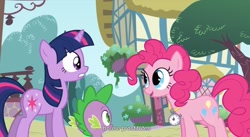 Size: 1579x863 | Tagged: safe, screencap, character:pinkie pie, character:spike, character:twilight sparkle, clock, implied prostitution, youtube caption, youtube link