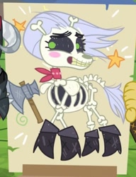 Size: 434x566 | Tagged: safe, screencap, character:skellinore, species:pony, episode:the break up break down, axe, battle axe, blushing, boots, cropped, crossed legs, cute, dungeons and dragons, female, mare, neckerchief, ogres and oubliettes, shoes, skeleton, skeleton pony, skellibetes, smiling, solo, weapon