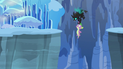 Size: 1280x720 | Tagged: safe, screencap, character:spike, character:thorax, species:changeling, species:dragon, episode:the times they are a changeling, g4, my little pony: friendship is magic, cave, duo, flying, frozen north, holding on, ice, male, ravine, rescue, snow