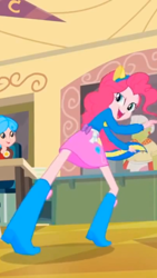Size: 1242x2208 | Tagged: safe, screencap, character:granny smith, character:pinkie pie, equestria girls:equestria girls, g4, my little pony:equestria girls, background human, balloon, boots, clothing, cropped, helping twilight win the crown, looking at you, open mouth, pony ears, ponytail, raised eyebrow, shoes, skirt, sweater, wondercolts uniform