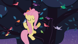 Size: 1280x720 | Tagged: safe, screencap, character:constance, character:fluttershy, species:bird, species:pony, episode:sweet and elite, g4, my little pony: friendship is magic, blue jay, female, flock, mare, sitting in a tree, songbird, tree
