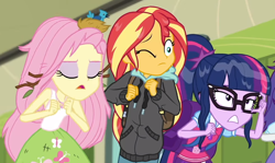 Size: 988x590 | Tagged: safe, screencap, character:fluttershy, character:rarity, character:sunset shimmer, character:twilight sparkle, character:twilight sparkle (scitwi), species:eqg human, episode:monday blues, eqg summertime shorts, g4, my little pony:equestria girls, cropped, implied rainbow dash