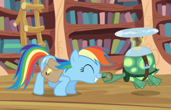 Size: 1400x899 | Tagged: safe, screencap, character:rainbow dash, character:tank, species:pegasus, species:pony, episode:just for sidekicks, g4, my little pony: friendship is magic, boop, cute, dashabetes, eyes closed, female, golden oaks library, mare, noseboop, smiling