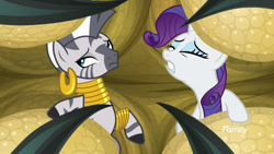 Size: 1920x1080 | Tagged: safe, screencap, character:rarity, character:zecora, species:bird, species:pony, species:roc, species:unicorn, species:zebra, episode:molt down, g4, my little pony: friendship is magic, captured, claws, discovery family logo, duo, ear piercing, earring, eyeroll, eyes closed, female, gritted teeth, jewelry, leg rings, mare, neck rings, piercing, talons