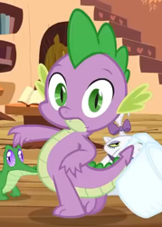 Size: 450x630 | Tagged: safe, screencap, character:gummy, character:opalescence, character:spike, species:dragon, episode:just for sidekicks, g4, my little pony: friendship is magic, claws, cropped, cup, golden oaks library, looking at you, male, season 3