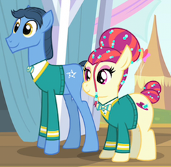 Size: 252x245 | Tagged: safe, screencap, character:toe-tapper, character:torch song, species:earth pony, species:pony, episode:filli vanilli, g4, my little pony: friendship is magic, bow tie, clothing, cropped, duo, female, male, mare, stallion, sweater