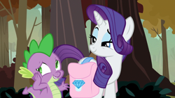 Size: 1920x1080 | Tagged: safe, screencap, character:rarity, character:spike, species:dragon, species:pony, species:unicorn, episode:molt down, g4, my little pony: friendship is magic, duo, female, forest, hand on cheek, male, mare, saddle bag