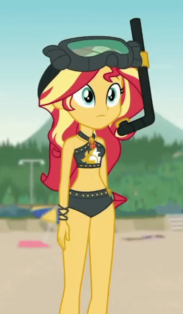 Size: 632x1080 | Tagged: safe, screencap, character:sunset shimmer, episode:unsolved selfie mysteries, g4, my little pony:equestria girls, animated, belly button, bikini, clothing, cropped, eh, female, geode of empathy, gif, shrug, shrugset shimmer, solo, swimsuit, unamused