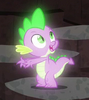 Size: 176x197 | Tagged: safe, screencap, character:spike, species:dragon, episode:gauntlet of fire, g4, my little pony: friendship is magic, cropped, glow, looking up, male, open mouth, outstretched arms, picture for breezies, solo