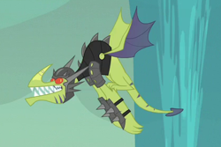 Size: 420x281 | Tagged: safe, screencap, species:dragon, episode:gauntlet of fire, g4, my little pony: friendship is magic, armor, background dragon, colored sclera, cropped, dragon armor, flying, red sclera, snake (dragon), teenaged dragon, waterspout