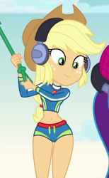 Size: 404x657 | Tagged: safe, screencap, character:applejack, episode:lost and found, g4, my little pony:equestria girls, adorasexy, beach, belly button, bikini, clothing, cropped, cute, headphones, hips, jackabetes, legs, midriff, sexy, solo, swimsuit, thigh gap, thighs