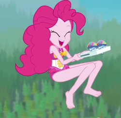 Size: 506x493 | Tagged: safe, screencap, character:pinkie pie, episode:too hot to handle, g4, my little pony:equestria girls, barefoot, clothing, cropped, feet, female, geode of sugar bombs, smiling, snowcone, solo, swimsuit