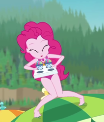 Size: 540x638 | Tagged: safe, screencap, character:pinkie pie, episode:too hot to handle, g4, my little pony:equestria girls, barefoot, clothing, cropped, eyes closed, feet, female, geode of sugar bombs, snowcone, solo, swimsuit