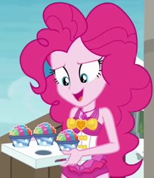 Size: 557x641 | Tagged: safe, screencap, character:pinkie pie, episode:too hot to handle, g4, my little pony:equestria girls, clothing, cropped, snowcone, solo, swimsuit