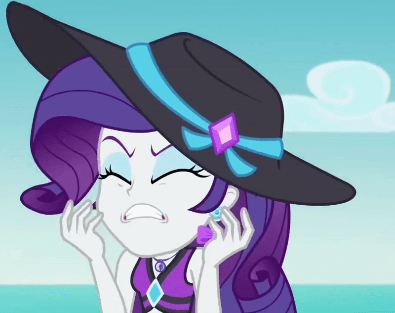Size: 800x633 | Tagged: safe, screencap, character:rarity, episode:lost and found, g4, my little pony:equestria girls, animated, clothing, cropped, drama queen, ear piercing, earring, freakout, gif, hat, jewelry, marshmelodrama, my ear was naked, panic, piercing, rarity being rarity, solo, swimsuit