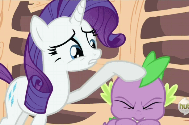 Size: 612x405 | Tagged: safe, screencap, character:rarity, character:spike, species:dragon, species:pony, species:unicorn, episode:dragon quest, g4, my little pony: friendship is magic, animated, duo, female, gif, golden oaks library, hub logo, male, mare, noogie