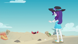 Size: 1280x720 | Tagged: safe, screencap, character:rarity, species:crab, my little pony:equestria girls, aww... baby turtles, clothing, crab fighting a giant rarity, feet, flip-flops, giant crab, hat, legs, rarity fighting a giant crab, rarity fighting a regular sized crab, role reversal, ruins, sand castle, sandals, swimsuit