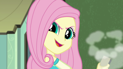 Size: 1280x720 | Tagged: safe, screencap, character:fluttershy, episode:a little birdie told me, g4, my little pony:equestria girls, badass, chalkboard, determined, eraser, flutterbadass, make my day, smiling
