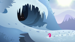 Size: 1280x720 | Tagged: safe, screencap, character:pinkie pie, character:snowbutt mctwinkles, species:pony, episode:party pooped, g4, my little pony: friendship is magic, cave, eyes in the dark, female, mare, snow, yaket range, yeti