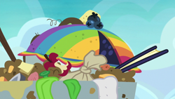 Size: 1280x720 | Tagged: safe, screencap, episode:secrets and pies, g4, my little pony: friendship is magic, apple core, blueberry, food, no pony, pie, rainbow blueberry pie, trash, trash can