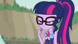 Size: 1920x1080 | Tagged: safe, screencap, character:pinkie pie, character:twilight sparkle, character:twilight sparkle (scitwi), species:eqg human, episode:friendship math, g4, my little pony:equestria girls, animated, beach, clothing, cupcake, duo, duo female, female, food, geode of sugar bombs, geode of telekinesis, magical geodes, sound, swimsuit, umbrella, webm