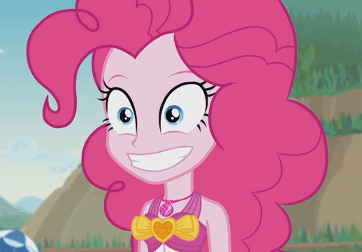 Size: 518x360 | Tagged: safe, screencap, character:pinkie pie, episode:friendship math, g4, my little pony:equestria girls, animated, beach, clothing, gif, head shake, nodding, swimsuit
