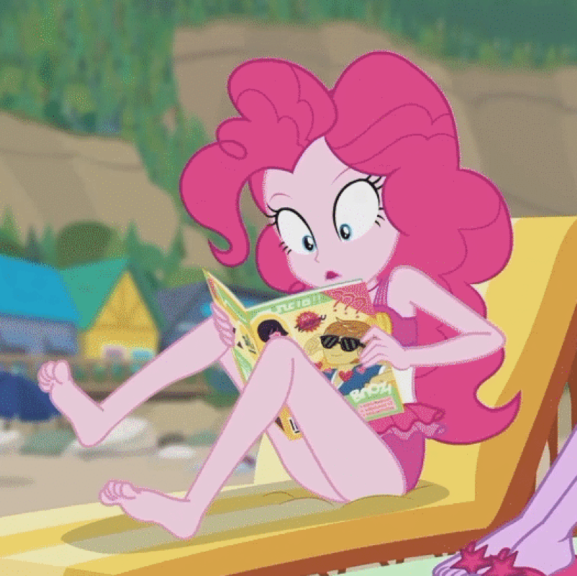 Size: 825x823 | Tagged: safe, screencap, character:pinkie pie, episode:friendship math, g4, my little pony:equestria girls, animated, barefoot, beach chair, clothing, cropped, cute, diapinkes, feet, gif, legs, solo, swimsuit