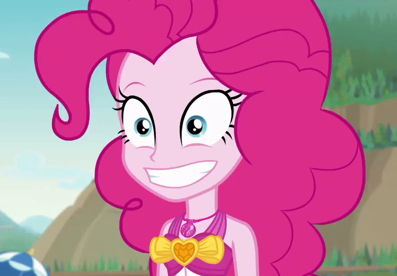 Size: 800x557 | Tagged: safe, screencap, character:pinkie pie, episode:friendship math, g4, my little pony:equestria girls, animated, beach, clothing, cropped, gif, head shake, nodding, solo, swimsuit