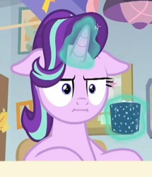 Size: 412x478 | Tagged: safe, screencap, character:starlight glimmer, species:pony, species:unicorn, episode:marks for effort, g4, my little pony: friendship is magic, :i, chocolate, cropped, empathy cocoa, faec, female, floppy ears, food, glowing horn, horn, hot chocolate, i mean i see, magic, mare, solo, telekinesis, unamused