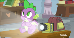 Size: 1380x710 | Tagged: safe, screencap, character:spike, species:dragon, episode:marks for effort, g4, my little pony: friendship is magic, baby, baby dragon, book, column, cute, desk, discovery family, discovery family logo, feet, grin, light, looking up, male, plant, projector, school of friendship, smiling, solo, spikabetes, watermark, winged spike, wings