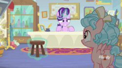 Size: 1280x720 | Tagged: safe, screencap, character:cozy glow, character:starlight glimmer, episode:marks for effort, g4, my little pony: friendship is magic, animated, blanket, chocolate, comfort pillow, cup, empathy cocoa, female, filly, food, guidance counselor, hot chocolate, security blanket, smiling, sound, starlight's office, webm