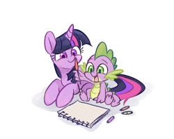 Size: 1000x800 | Tagged: safe, artist:sion-ara, character:spike, character:twilight sparkle, species:dragon, species:pony, species:unicorn, baby, baby dragon, crayons, cute, feather, female, green eyes, horn, male, mare, purple eyes, quill, simple background, sitting, sketchbook, spikabetes, twiabetes, white background