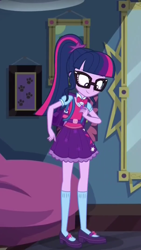Size: 1242x2208 | Tagged: safe, screencap, character:twilight sparkle, character:twilight sparkle (scitwi), species:eqg human, episode:monday blues, eqg summertime shorts, g4, my little pony:equestria girls, backpack, beanbag chair, belt, bow tie, clothing, cropped, cute, geode of telekinesis, glasses, looking down, magical geodes, mary janes, mirror, paw prints, ponytail, skirt, socks, solo, twiabetes