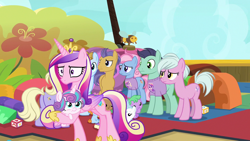 Size: 1280x720 | Tagged: safe, screencap, character:opulence, character:princess cadance, character:princess flurry heart, species:pony, episode:once upon a zeppelin, g4, my little pony: friendship is magic, background pony, clothing, daycare, female, las pegasus resident, male, mare, mother and daughter, power chord, shirt, stallion, sun cloche
