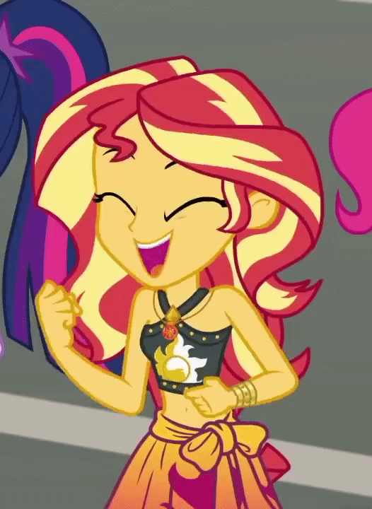 Size: 526x720 | Tagged: safe, screencap, character:pinkie pie, character:sunset shimmer, episode:x marks the spot, g4, my little pony:equestria girls, animated, belly button, bikini, clothing, cropped, cute, female, geode of empathy, gif, midriff, sarong, shimmerbetes, solo focus, swimsuit, yes yes yes
