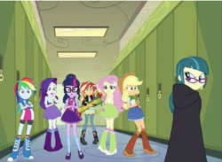 Size: 2048x1502 | Tagged: safe, editor:php77, screencap, character:applejack, character:fluttershy, character:juniper montage, character:rainbow dash, character:rarity, character:sunset shimmer, character:twilight sparkle, character:twilight sparkle (scitwi), species:eqg human, my little pony:equestria girls, belt, boots, clothing, compression shorts, cowboy hat, crossover, dark jedi, dark side, denim skirt, glasses, hat, knights of ren, ponytail, shoes, shorts, sith, skirt, socks, star wars, stetson, tank top, the force