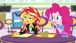 Size: 1280x720 | Tagged: safe, screencap, character:pinkie pie, character:sunset shimmer, equestria girls:mirror magic, g4, my little pony:equestria girls, book, bracelet, burger, chair, food, geode of empathy, geode of sugar bombs, hamburger, jewelry, journal, looking at each other, magical geodes, raised eyebrows, smiling, storefront, table, television, that human sure does love burgers, tray