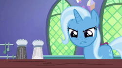 Size: 1280x720 | Tagged: safe, screencap, character:trixie, species:pony, species:unicorn, episode:all bottled up, g4, my little pony: friendship is magic, angry, animated, close-up, cup, female, food, frustrated, glare, kitchen, magic, mare, pepper, pepper shaker, rage, salt, salt shaker, solo, sound, table, teacup, that pony sure does love teacups, twilight's castle, webm, window